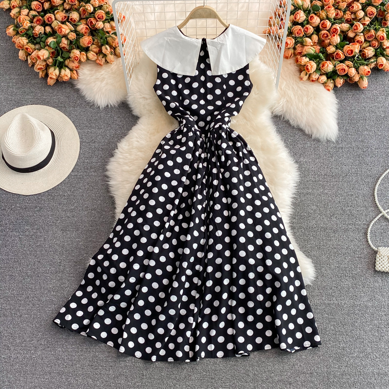 Polka dot long skirt female retro Hepburn style big swing waist slim slimming doll collar sleeveless dress summer - Image 5