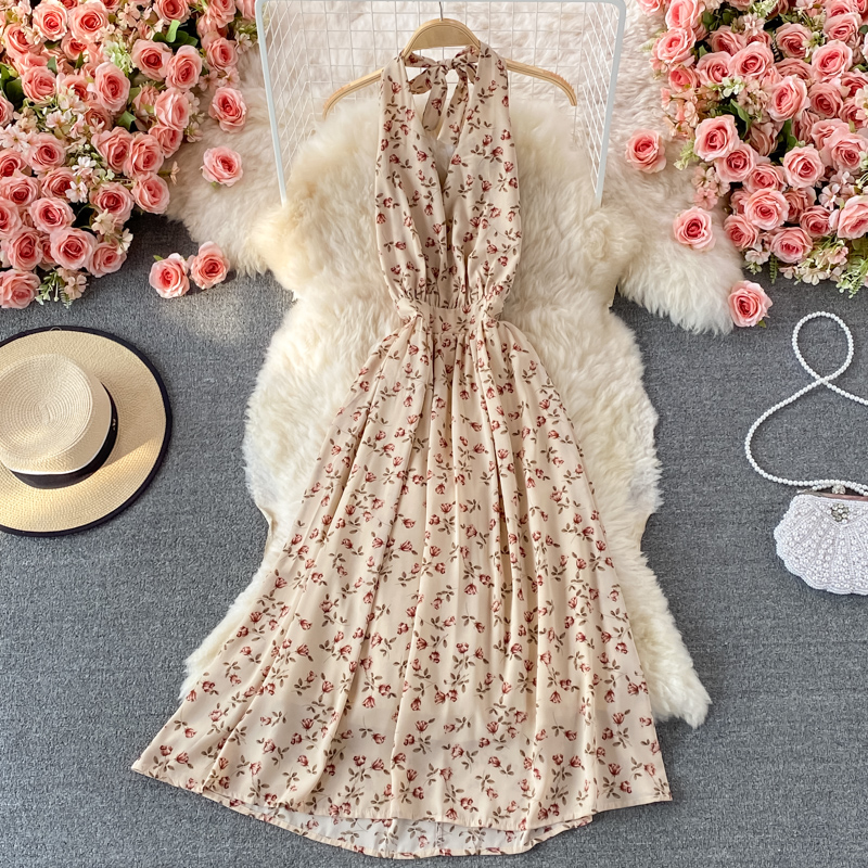 Summer New Korean Style V-neck Halter Printed Floral Skirt Women's Mid-Length Temperament Waist-Controlled Backless Dress