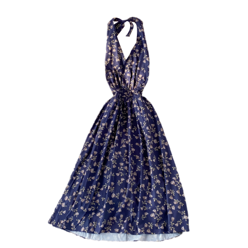 Summer New Korean Style V-neck Halter Printed Floral Skirt Women's Mid-Length Temperament Waist-Controlled Backless Dress - Image 6