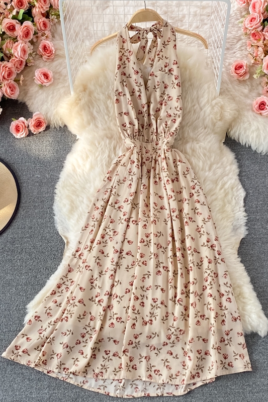 Summer New Korean Style V-neck Halter Printed Floral Skirt Women's Mid-Length Temperament Waist-Controlled Backless Dress - Image 7
