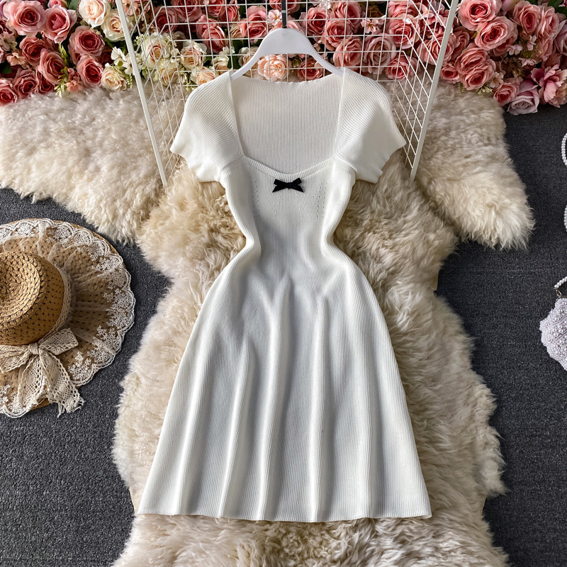 Women's Bow Square Collar Slimming Knitted Dress Summer New Waist-Tight Slimming A- line Skirt-Child Flab Hiding Skirt