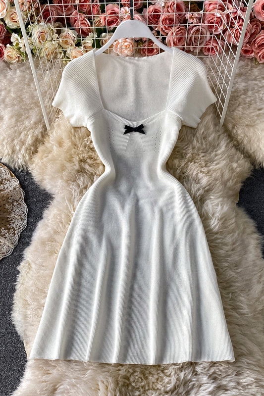 Women's Bow Square Collar Slimming Knitted Dress Summer New Waist-Tight Slimming A- line Skirt-Child Flab Hiding Skirt - Image 7