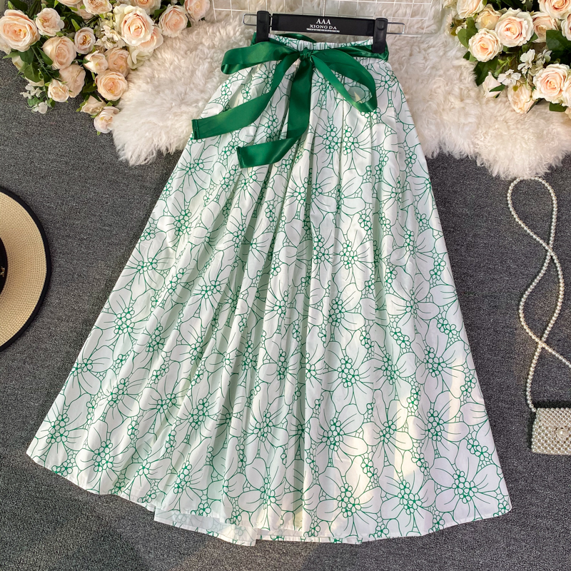 Lace-up Bow Waist A- line Skirt Spring New Women's Mid-Length over-the-Knee Floral Skirt Umbrella Skirt Long Skirt - Image 3