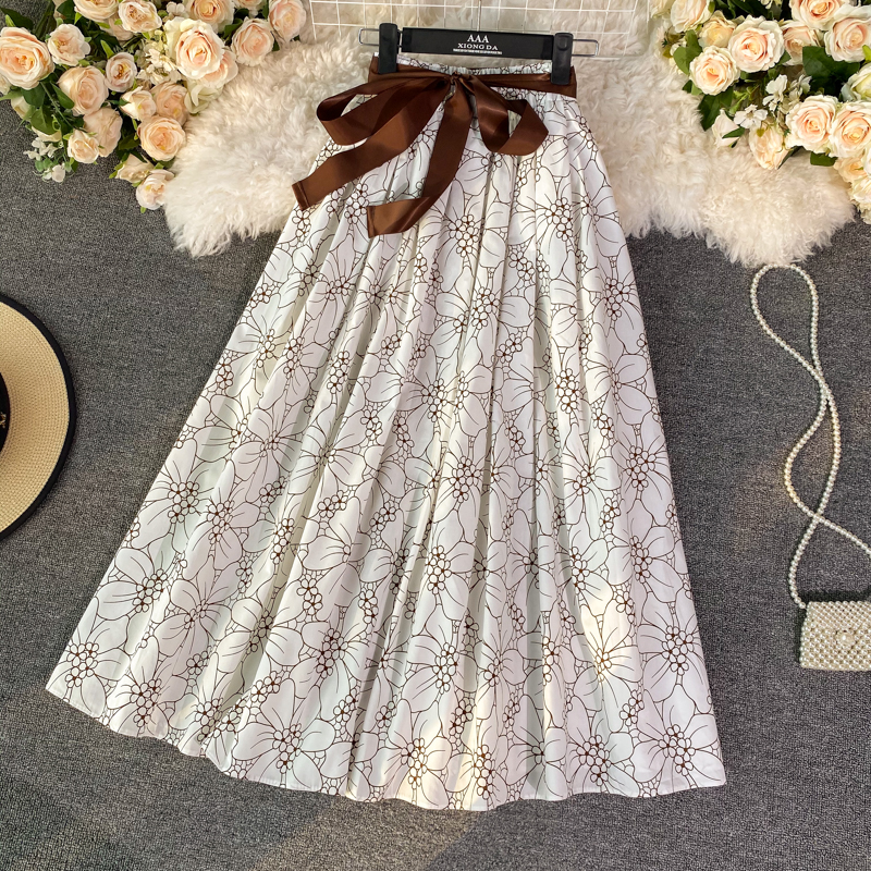 Lace-up Bow Waist A- line Skirt Spring New Women's Mid-Length over-the-Knee Floral Skirt Umbrella Skirt Long Skirt - Image 4