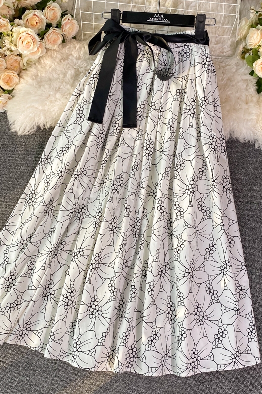 Lace-up Bow Waist A- line Skirt Spring New Women's Mid-Length over-the-Knee Floral Skirt Umbrella Skirt Long Skirt - Image 7