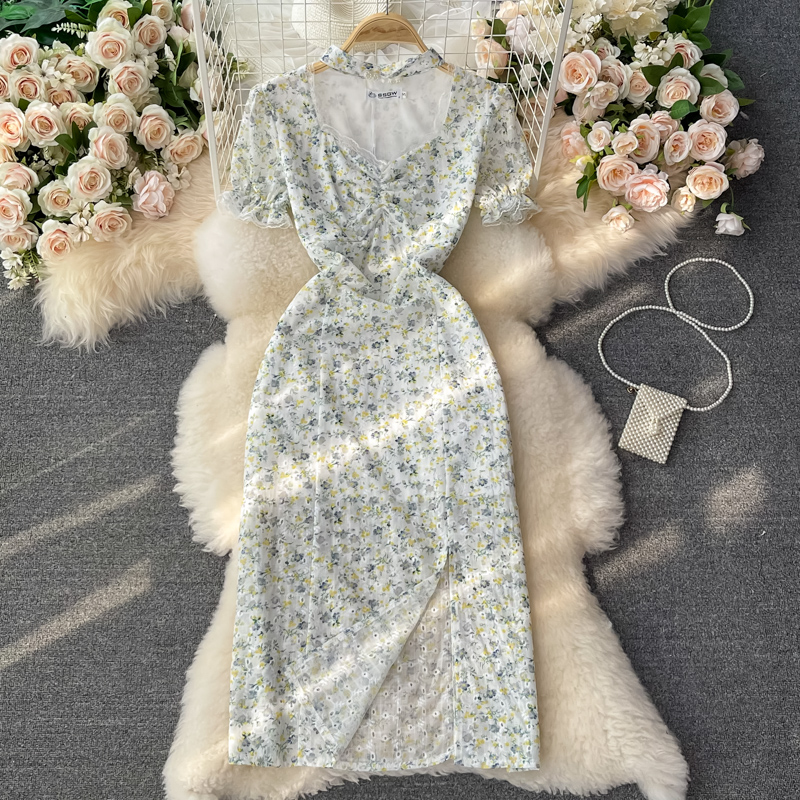 Summer New Gentle Fairy Puff Sleeve First Love Skirt Split V-neck Halter Chiffon Floral Dress - Image 2