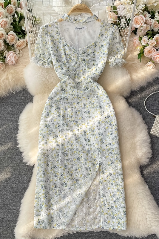 Summer New Gentle Fairy Puff Sleeve First Love Skirt Split V-neck Halter Chiffon Floral Dress - Image 7