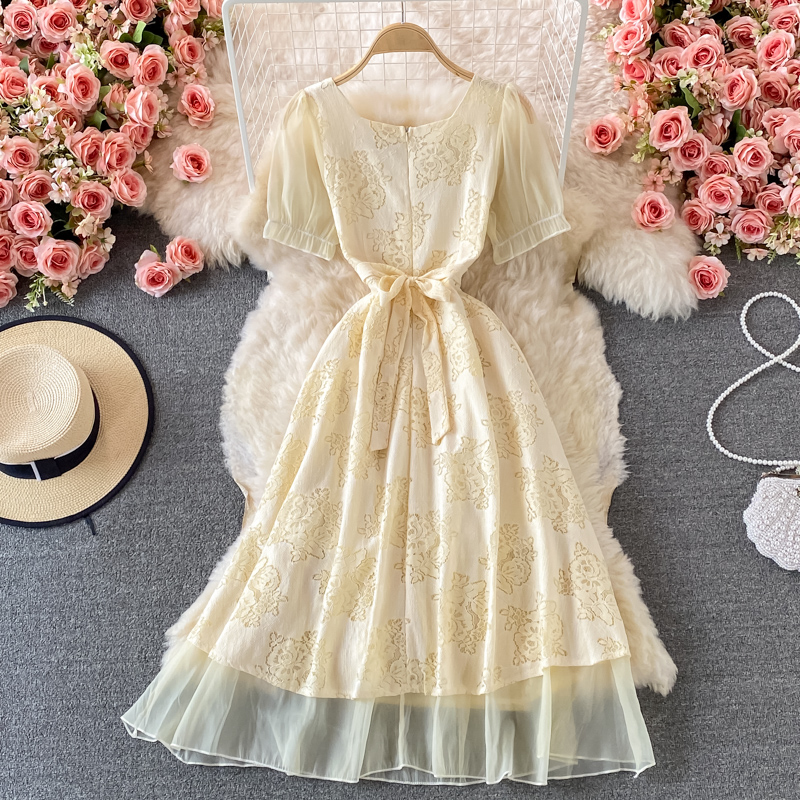 Gentle Square Collar Lace Dress Summer New Mid-Length Waist Slimming Machine Embroidery First Love Skirt - Image 5