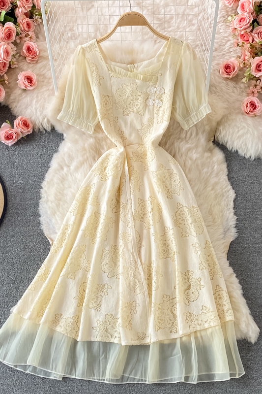 Gentle Square Collar Lace Dress Summer New Mid-Length Waist Slimming Machine Embroidery First Love Skirt - Image 7
