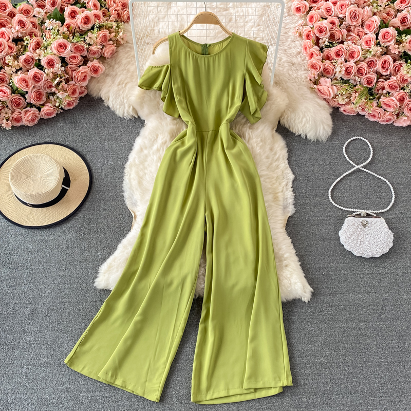 Summer New Korean Style Temperament Crew Neck Ruffle Sleeve Waist Slimming Drooping Wide-Leg Pants Casual Jumpsuit Women - Image 2