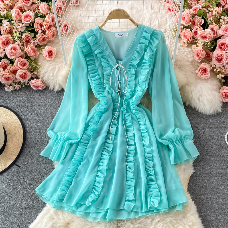Long Sleeve Ruffled V-neck Dress Autumn New French Style Gentle Fairy Lady Super Fairy Mori Style Mid-Length A- line Dress - Image 2
