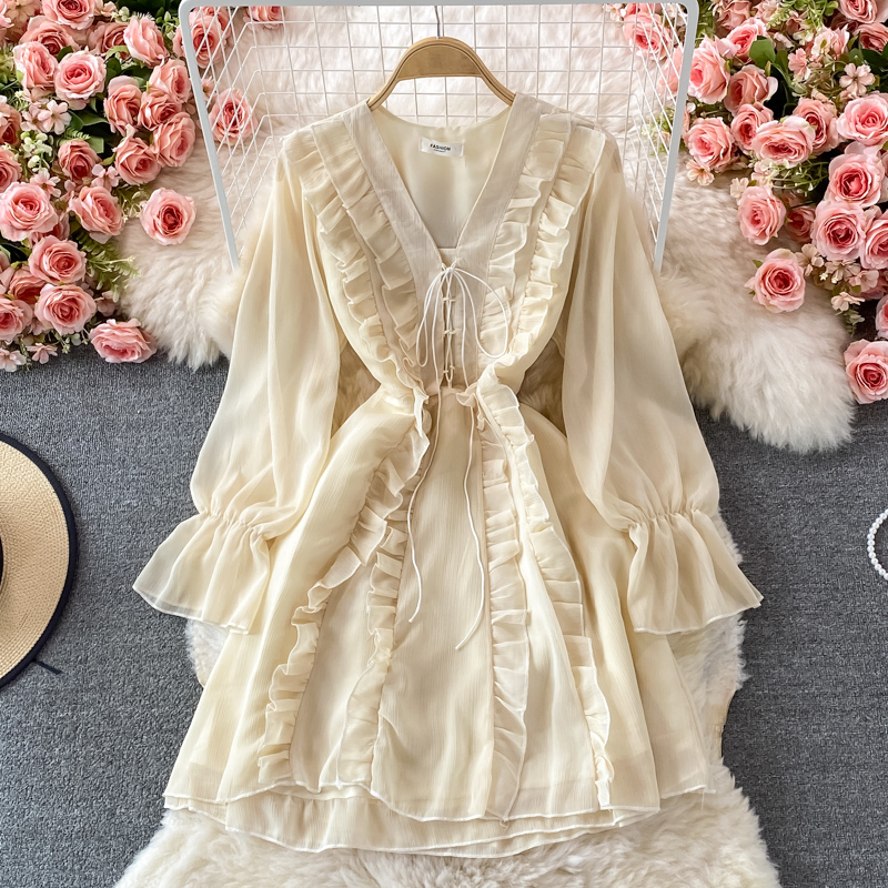 Long Sleeve Ruffled V-neck Dress Autumn New French Style Gentle Fairy Lady Super Fairy Mori Style Mid-Length A- line Dress - Image 3