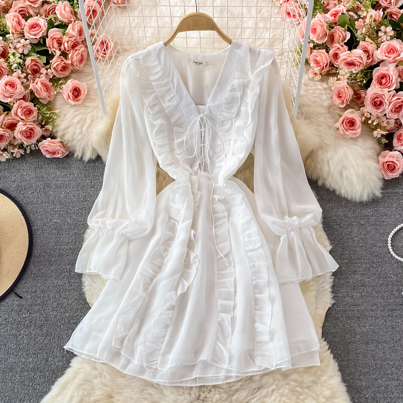 Long Sleeve Ruffled V-neck Dress Autumn New French Style Gentle Fairy Lady Super Fairy Mori Style Mid-Length A- line Dress - Image 5