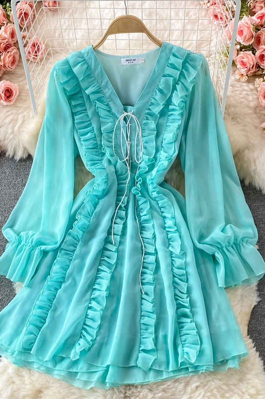 Long Sleeve Ruffled V-neck Dress Autumn New French Style Gentle Fairy Lady Super Fairy Mori Style Mid-Length A- line Dress - Image 7