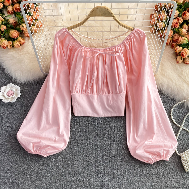 Autumn New Retro Fairy French Style Square-Neck Cinched Slimming Lantern Sleeves Shirt Short Western Style White Top for Women - Image 2