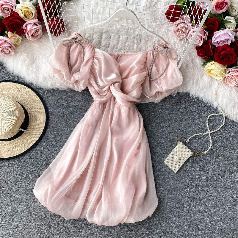 Sweet Girl's Dress Puff Sleeve off-the-Shoulder Tight Waist V-neck Bud Dress Short Sleeve New Ladies Graceful Formal Dress - Image 2
