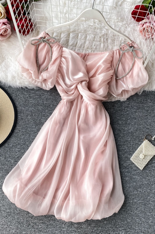 Sweet Girl's Dress Puff Sleeve off-the-Shoulder Tight Waist V-neck Bud Dress Short Sleeve New Ladies Graceful Formal Dress - Image 7