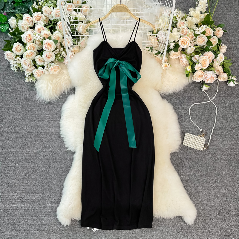 French Style Vintage Bow Suspender Dress for Women Summer New Elegant Graceful Slim Fit Slimming Sheath Dress - Image 2