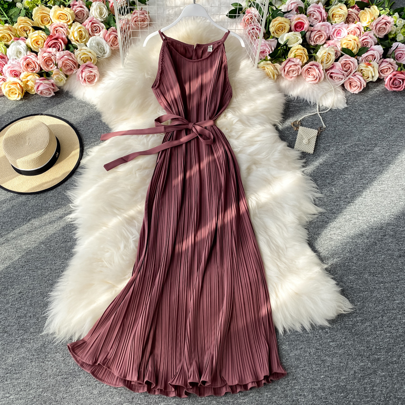 Sexy backless strap pleated dress female summer new overpressure fairy beach dress long holiday by the sea