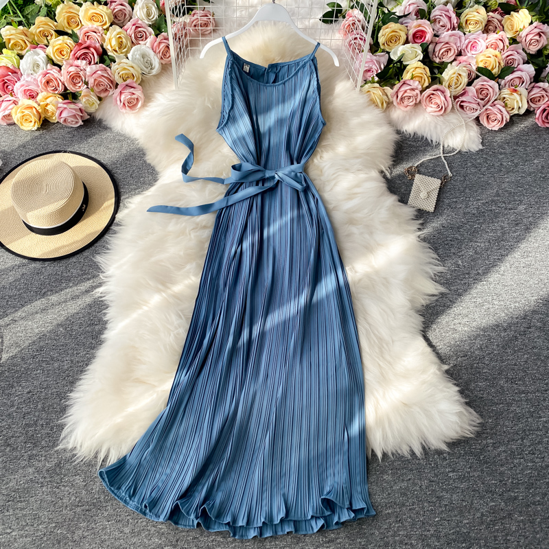Sexy backless strap pleated dress female summer new overpressure fairy beach dress long holiday by the sea - Image 3