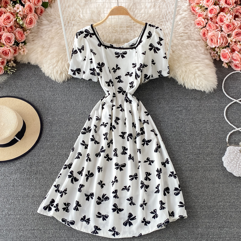 French Style Puff Sleeve Waist Dress Summer New Gentle Retro Square Collar Temperament Fairy Skirt Short Sleeve