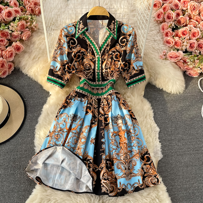 Retro Totem Printed Dress Long Sleeve Spring and Autumn New Ethnic Style Mid-Length Polo Collar Shirt Dress - Image 2
