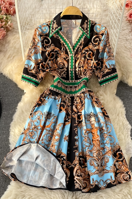Retro Totem Printed Dress Long Sleeve Spring and Autumn New Ethnic Style Mid-Length Polo Collar Shirt Dress - Image 7