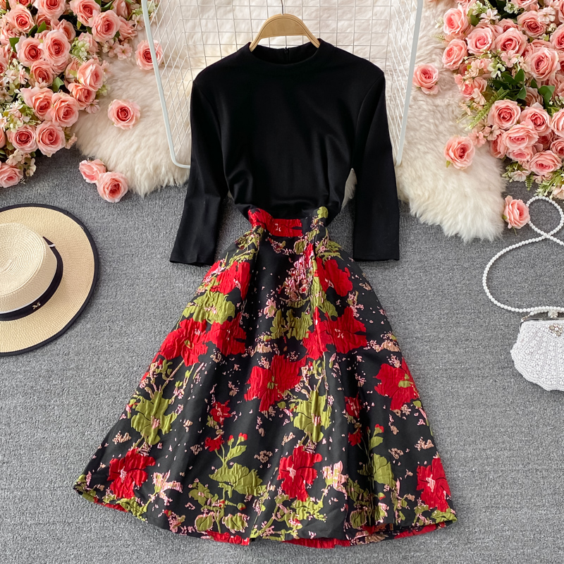 Feminine Dress Women's Autumn New Fashion Stitching Printing Gas Stand-up Collar Cinched Slim-Fit Mid-Length Dress - Image 2