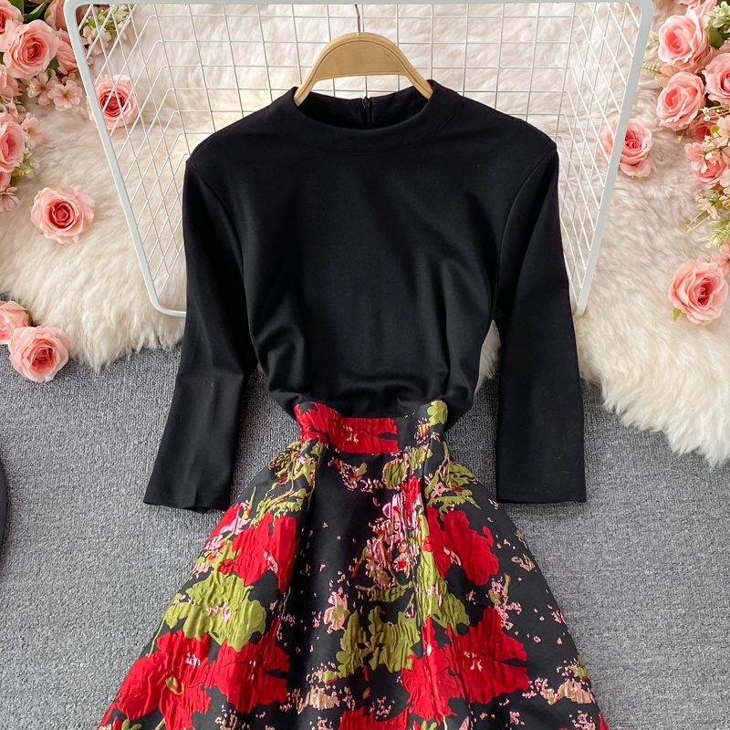Feminine Dress Women's Autumn New Fashion Stitching Printing Gas Stand-up Collar Cinched Slim-Fit Mid-Length Dress - Image 3