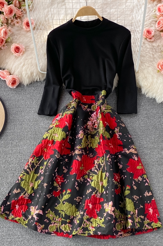 Feminine Dress Women's Autumn New Fashion Stitching Printing Gas Stand-up Collar Cinched Slim-Fit Mid-Length Dress - Image 7