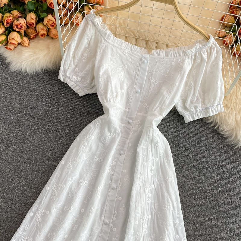 French Style Tea Dress Puff Sleeve White First Love Gentle Temperament High Waist Waist Slimming Flounce Dress Short Sleeve - Image 3