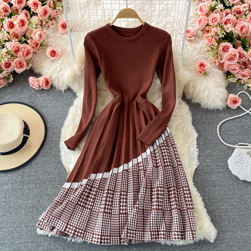 Match with Coat Woolen Skirt Autumn and Winter round Neck Plaid Patchwork Knitting Dress Mid-Length Pleated A- line Skirt