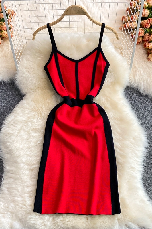 Korean Style Summer New Contrast Color Knitted V-neck Strap Vest Skirt Small Elastic Hip Bottoming Dress - Image 7