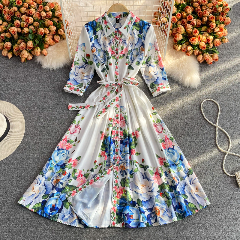 Retro Printed Court Style Lapel and Waist Tight Slimming Fairy Dress Half Sleeve Elegant Graceful Large Swing Mid-Length Skirt - Image 2