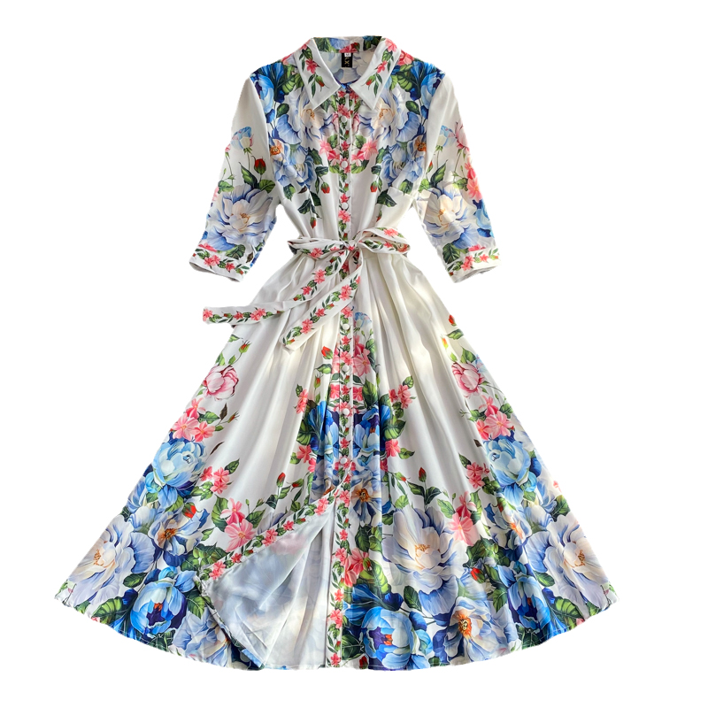 Retro Printed Court Style Lapel and Waist Tight Slimming Fairy Dress Half Sleeve Elegant Graceful Large Swing Mid-Length Skirt - Image 6