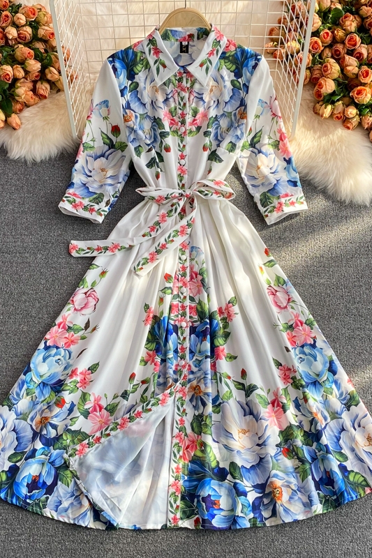 Retro Printed Court Style Lapel and Waist Tight Slimming Fairy Dress Half Sleeve Elegant Graceful Large Swing Mid-Length Skirt - Image 7