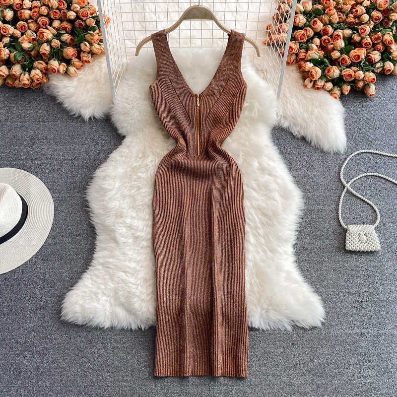 Summer New Goddess Temperament Scheming V-neck Waist Stretch Fil-Lumiere Weave Dress Graceful Vest Skirt