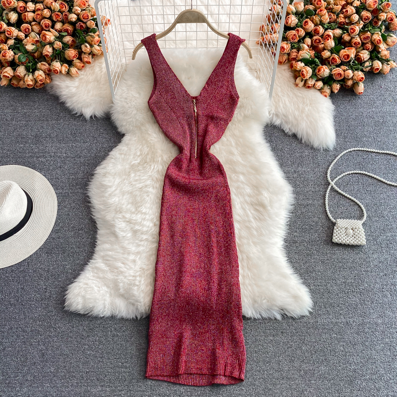 Summer New Goddess Temperament Scheming V-neck Waist Stretch Fil-Lumiere Weave Dress Graceful Vest Skirt - Image 3