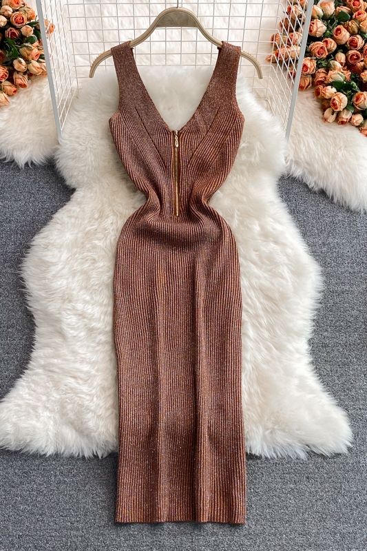 Summer New Goddess Temperament Scheming V-neck Waist Stretch Fil-Lumiere Weave Dress Graceful Vest Skirt - Image 7