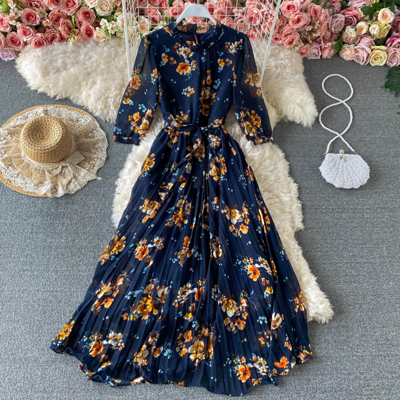 Spring New Stand Collar Swing Long Dress Lightly Mature Temperament Western Style French Tight Waist Floral Pleated Dress - Image 2