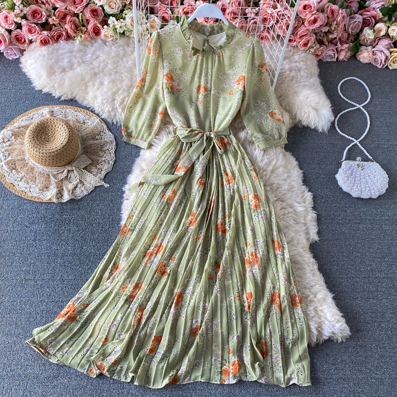 Spring New Stand Collar Swing Long Dress Lightly Mature Temperament Western Style French Tight Waist Floral Pleated Dress - Image 4