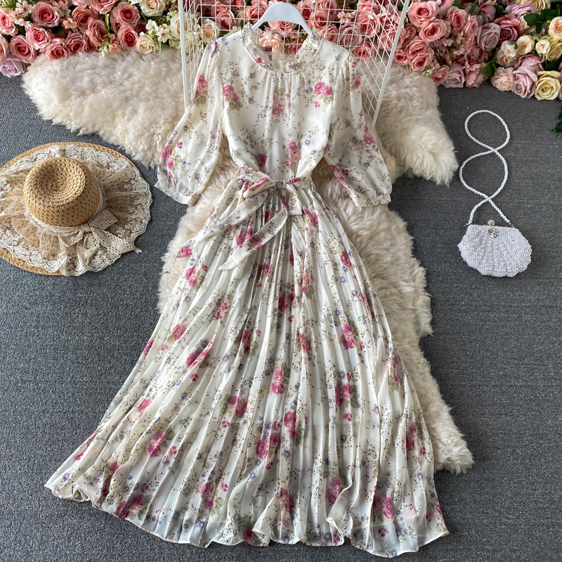 Spring New Stand Collar Swing Long Dress Lightly Mature Temperament Western Style French Tight Waist Floral Pleated Dress - Image 5