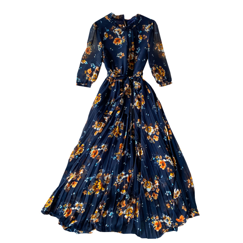 Spring New Stand Collar Swing Long Dress Lightly Mature Temperament Western Style French Tight Waist Floral Pleated Dress - Image 6