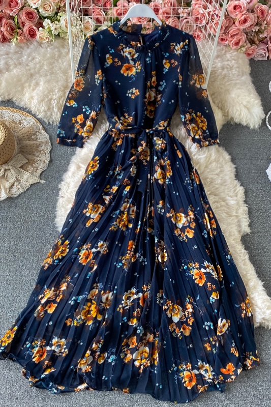 Spring New Stand Collar Swing Long Dress Lightly Mature Temperament Western Style French Tight Waist Floral Pleated Dress - Image 7