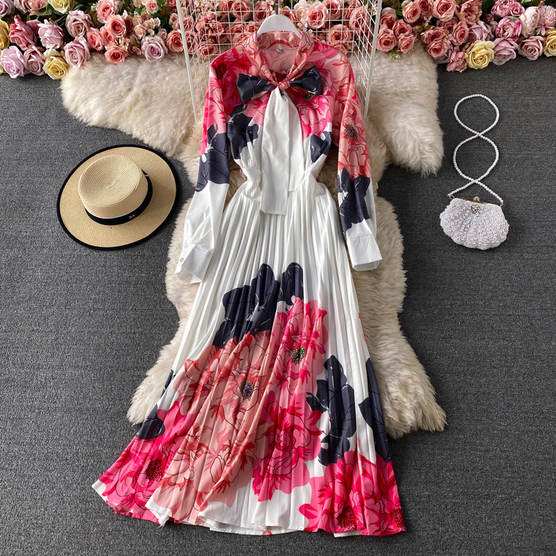 Summer New Fashion Dignified Goddess Large Swing Dress French Elegant Flowers Printed Pleated Dress - Image 2