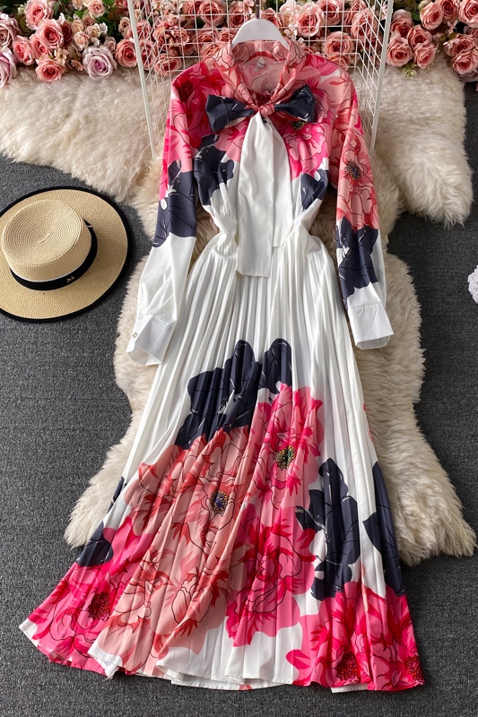 Summer New Fashion Dignified Goddess Large Swing Dress French Elegant Flowers Printed Pleated Dress - Image 7
