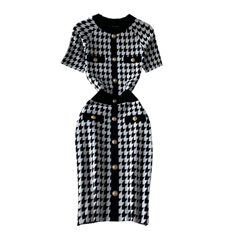 Summer new style Yujie temperament light cookedstyleSlimbag hip skirt houndstooth contrast color knitted dress with short sleeve - Image 6