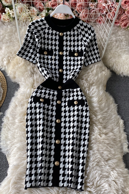 Summer new style Yujie temperament light cookedstyleSlimbag hip skirt houndstooth contrast color knitted dress with short sleeve - Image 7