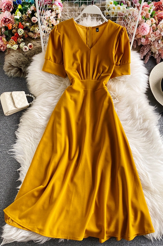 French Style V-neck Puff Sleeve Dress New Fashion Pleated Waist Tight Slimming Retro over the Knee Graceful Long Expansion Skirt - Image 7