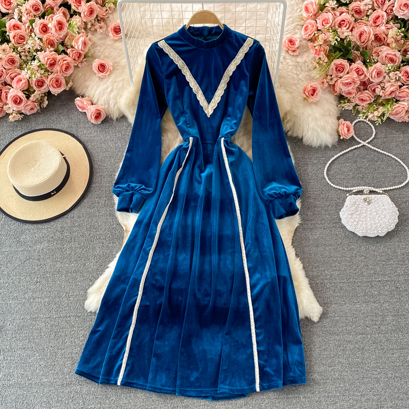 Retro tea break skirt autumn and winter French high-end light luxury temperament was thin stand-up collar velvet dress - Image 2